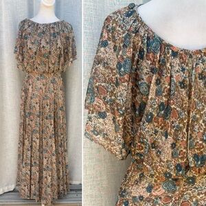 1970 Floral brown blue maxi pleated skirt dress